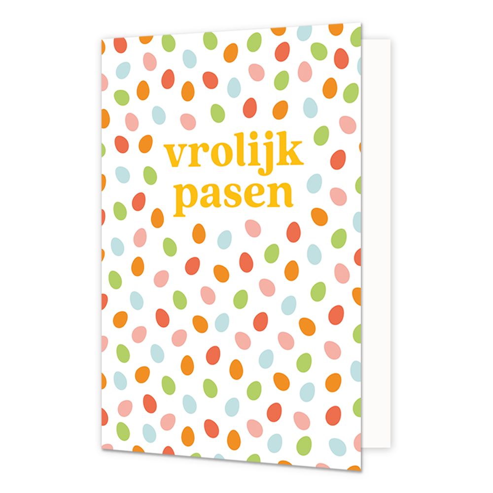 Vrolijk pasen - Formaat: Normaal - Vorm: Staand - Paaskaart - Op deze paaskaart staan stippen in de kleuren oranje, blauw, groen, rood en roze met in het midden de tekst: "Vrolijk pasen". - Snelwenskaart