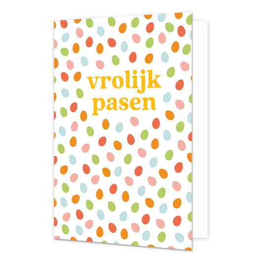 Vrolijk pasen - Formaat: Normaal - Vorm: Staand - Paaskaart - Op deze paaskaart staan stippen in de kleuren oranje, blauw, groen, rood en roze met in het midden de tekst: "Vrolijk pasen". - Snelwenskaart