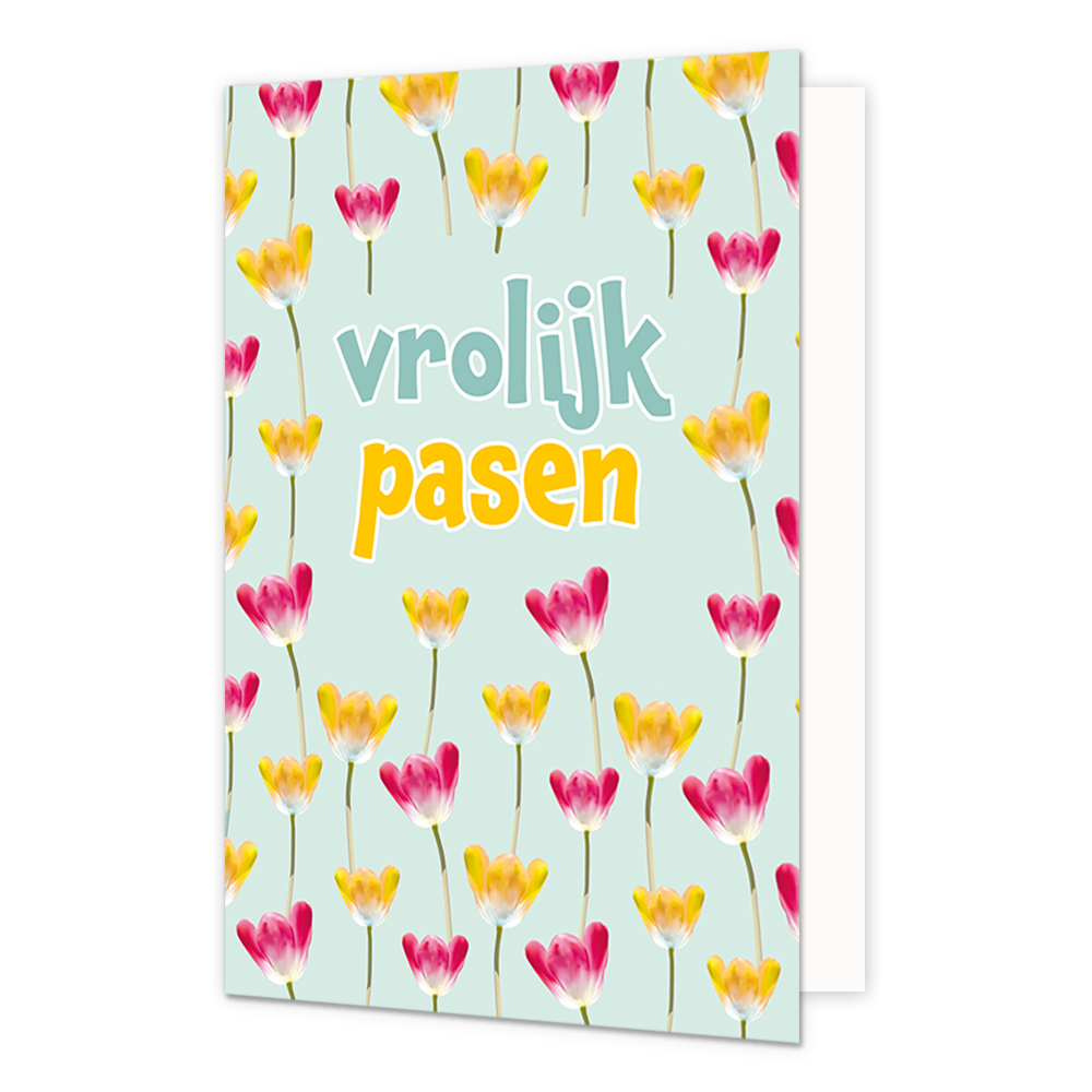 Vrolijk pasen - Formaat: Normaal - Vorm: Staand - Paaskaart - Op deze paaskaart staan klaprozen in de kleuren geel en rood met in het midden de tekst: "Vrolijk pasen". - Snelwenskaart