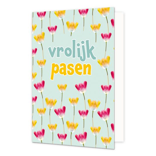 Vrolijk pasen - Formaat: Normaal - Vorm: Staand - Paaskaart - Op deze paaskaart staan klaprozen in de kleuren geel en rood met in het midden de tekst: "Vrolijk pasen". - Snelwenskaart