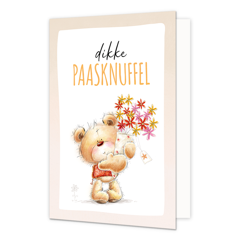 Dikke paasknuffel - Formaat: Normaal - Vorm: Staand - Paaskaart - Op deze paaskaart staat een beertje die een bos bloemen vasthoudt met daarboven de tekst: "Dikke paasknuffel". - Snelwenskaart