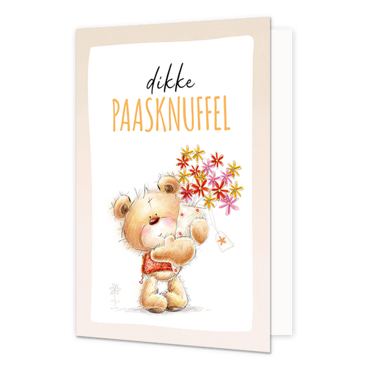 Dikke paasknuffel - Formaat: Normaal - Vorm: Staand - Paaskaart - Op deze paaskaart staat een beertje die een bos bloemen vasthoudt met daarboven de tekst: "Dikke paasknuffel". - Snelwenskaart