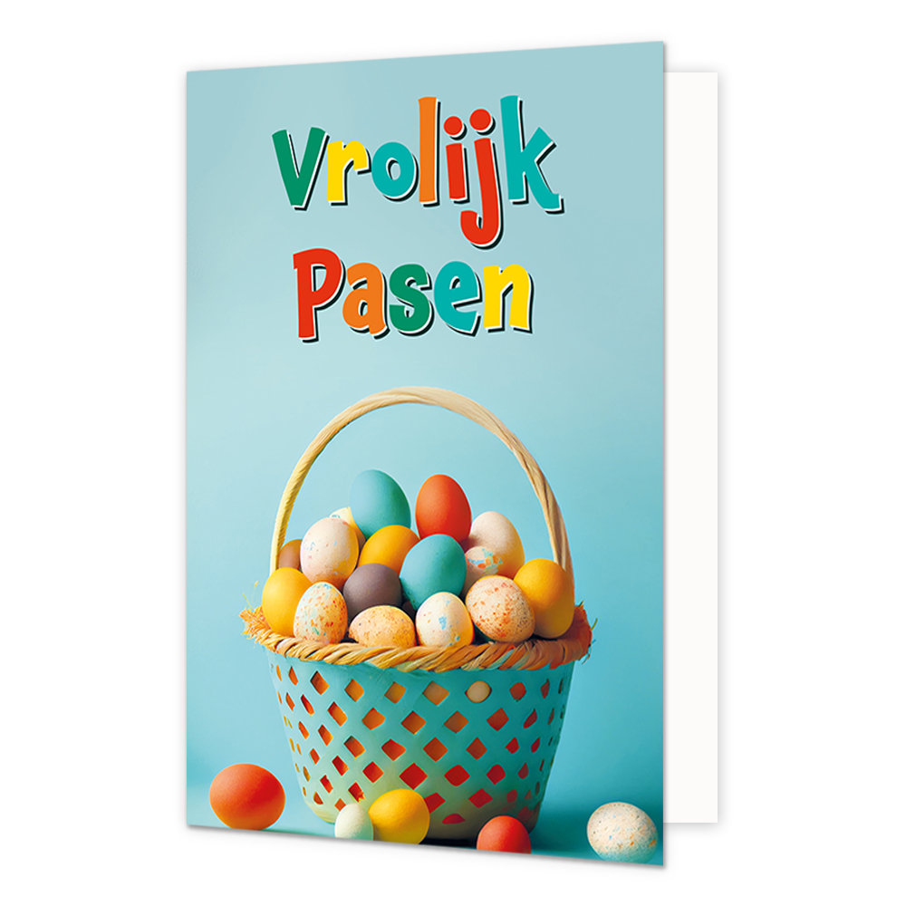 Vrolijk pasen - Formaat: Normaal - Vorm: Staand - Paaskaart - Op deze paaskaart staat een mandje met gekleurde eiren en de tekst: "Vrolijk Pasen". - Snelwenskaart