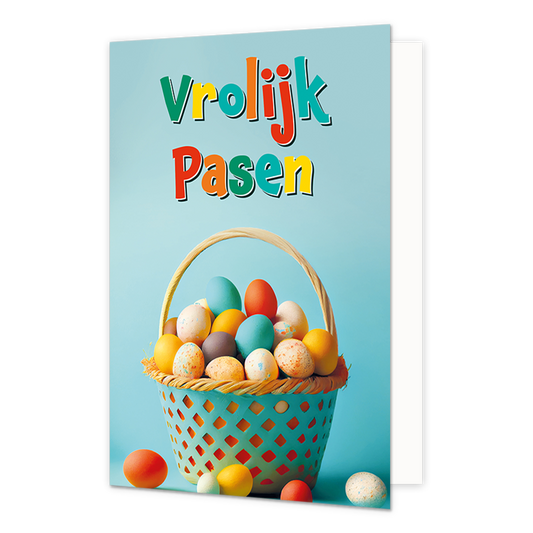 Vrolijk pasen - Formaat: Normaal - Vorm: Staand - Paaskaart - Op deze paaskaart staat een mandje met gekleurde eiren en de tekst: "Vrolijk Pasen". - Snelwenskaart