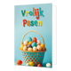 Vrolijk pasen - Formaat: Standaard - Vorm: Staand - Paaskaart - Op deze paaskaart staat een mandje met gekleurde eiren en de tekst: "Vrolijk Pasen". - Snelwenskaart