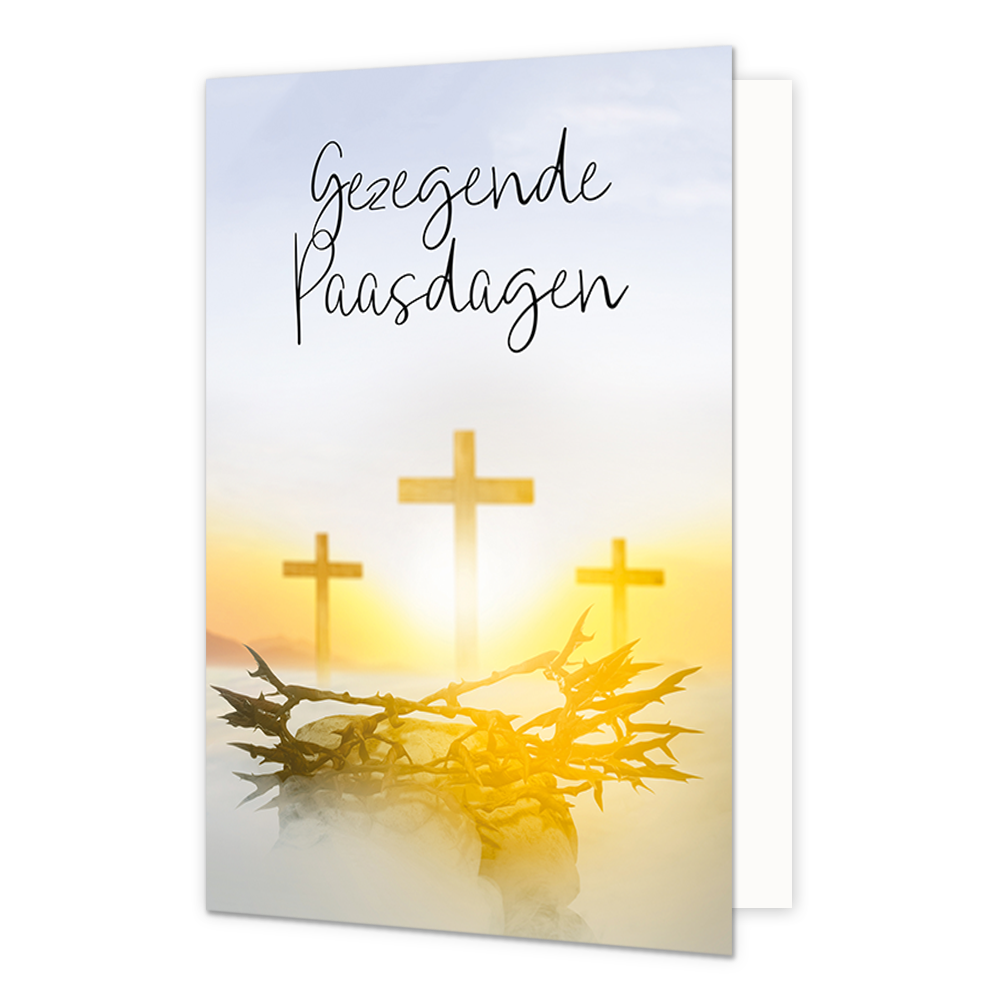Gezegende paasdagen - Formaat: Normaal - Vorm: Staand - Paaskaart - Op deze paaskaart staan drie kruizen en een doornkroon met daarboven de tekst: "Gezegende Paasdagen". - Snelwenskaart