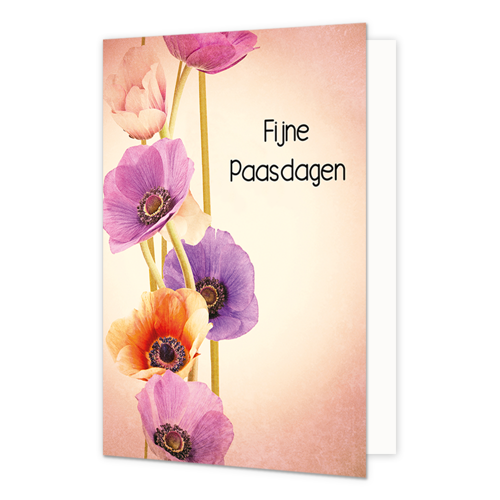 Fijne paasdagen - Formaat: Normaal - Vorm: Staand - Paaskaart - Op deze paaskaart staan bloemen in de kleuren roze, paars en oranje met de tekst: "Fijne paasdagen". - Snelwenskaart