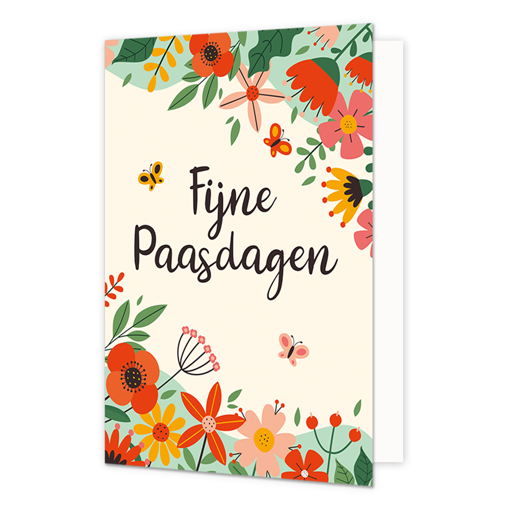 Fijne paasdagen - Formaat: Normaal - Vorm: Staand - Paaskaart - Op deze paaskaart staan bloemen in de kleuren oranje, groen, roze en geel met in het midden de tekst: "Fijne paasdagen". - Snelwenskaart