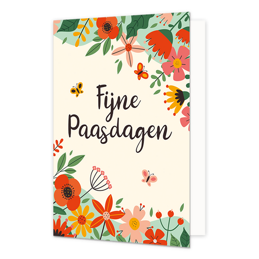 Fijne paasdagen - Formaat: Normaal - Vorm: Staand - Paaskaart - Op deze paaskaart staan bloemen in de kleuren oranje, groen, roze en geel met in het midden de tekst: "Fijne paasdagen". - Snelwenskaart