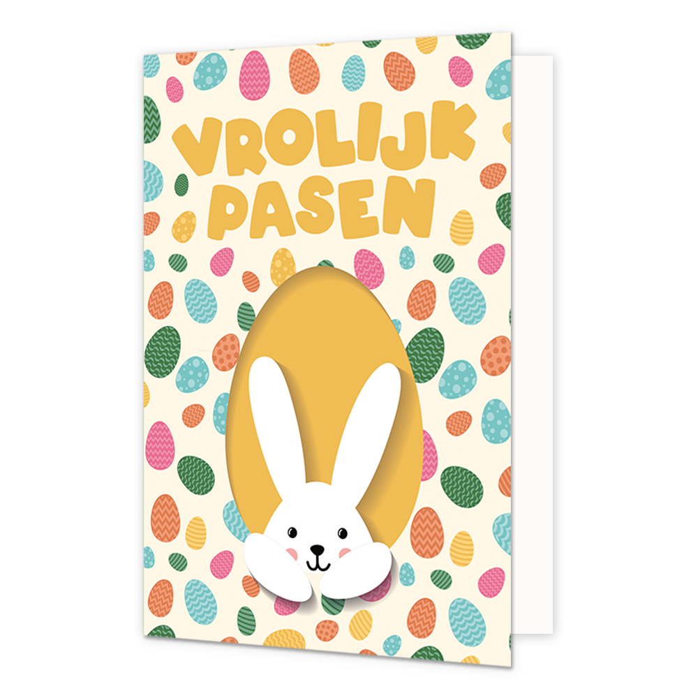 Vrolijk pasen - Formaat: Normaal - Vorm: Staand - Paaskaart - Op deze paaskaart staan gekleurde eiren met een paashaas en de tekst: "Vrolijk pasen". - Snelwenskaart
