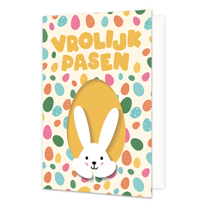 Vrolijk pasen - Formaat: Normaal - Vorm: Staand - Paaskaart - Op deze paaskaart staan gekleurde eiren met een paashaas en de tekst: "Vrolijk pasen". - Snelwenskaart