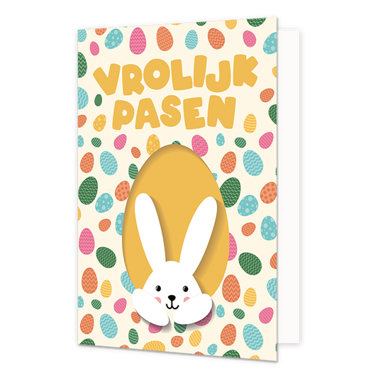 Vrolijk pasen - Formaat: Normaal - Vorm: Staand - Paaskaart - Op deze paaskaart staan gekleurde eiren met een paashaas en de tekst: "Vrolijk pasen". - Snelwenskaart