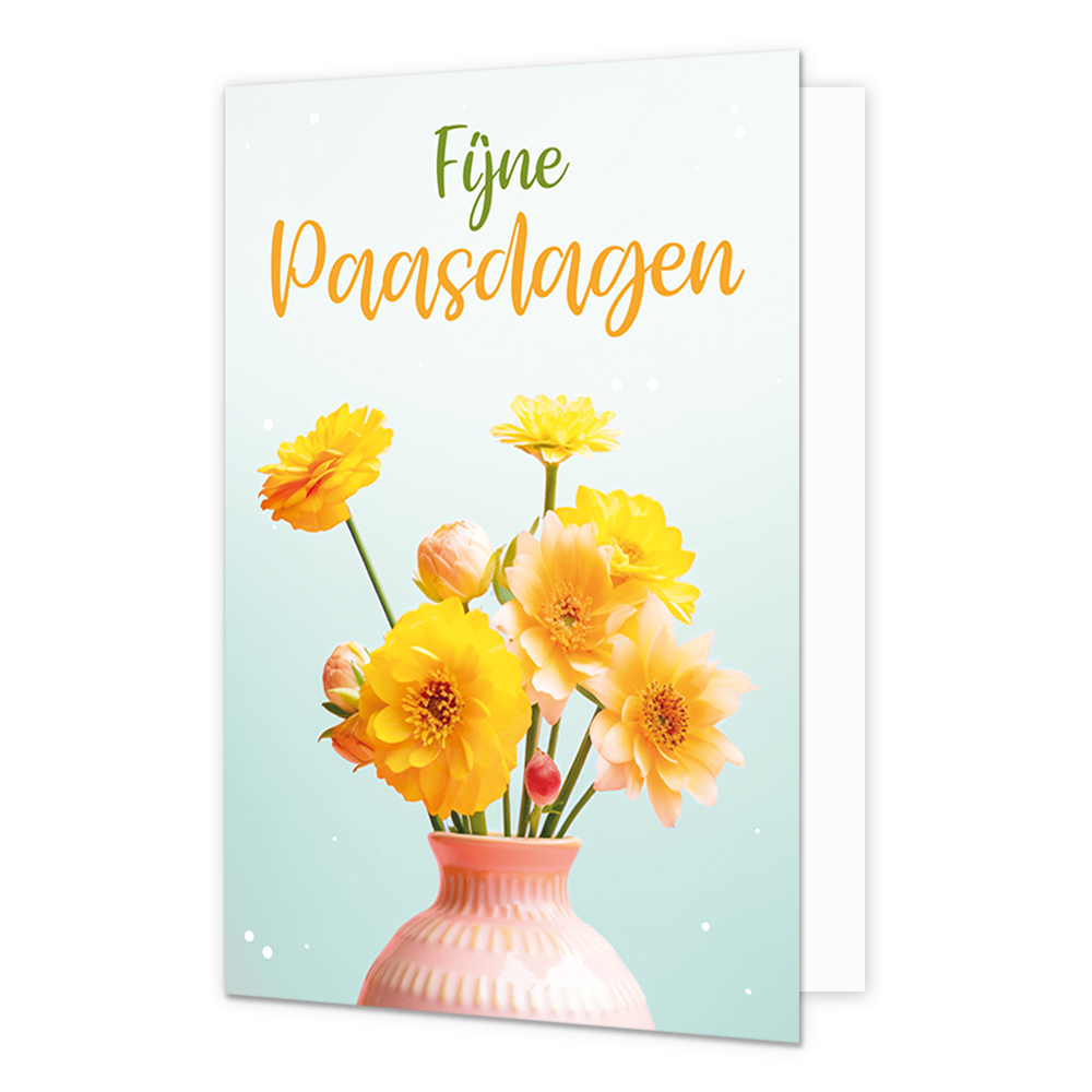 Fijne paasdagen - Formaat: Normaal - Vorm: Staand - Paaskaart - Op deze paaskaart staat een bos gele bloemen met de tekst: "Fijne paasdagen". - Snelwenskaart
