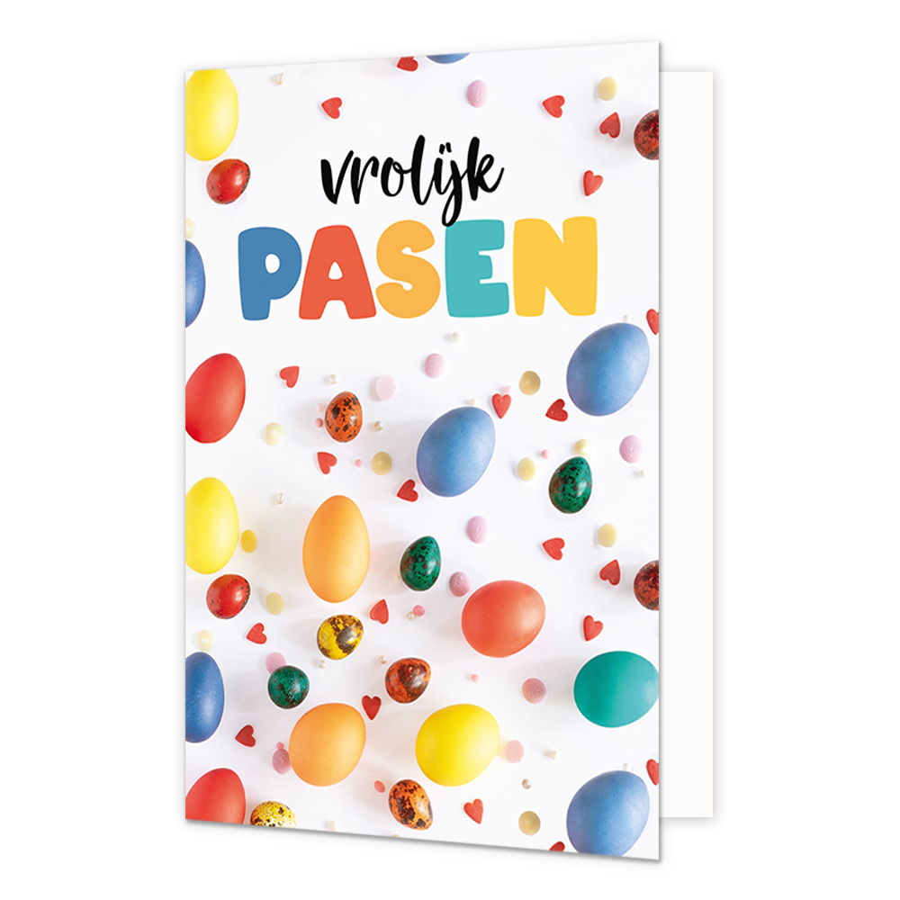 Vrolijk pasen - Formaat: Normaal - Vorm: Staand - Paaskaart - Op deze paaskaart staan gekleurde eiren met de tekst: "Vrolijk pasen". - Snelwenskaart