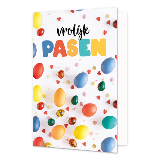Vrolijk pasen - Formaat: Normaal - Vorm: Staand - Paaskaart - Op deze paaskaart staan gekleurde eiren met de tekst: "Vrolijk pasen". - Snelwenskaart