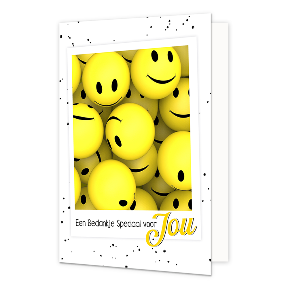 Een bedankje speciaal voor jou - Formaat: Normaal - Vorm: Staand - Bedankkaart - Op deze wenskaart staan smiley's met daaronder de tekst: "Een bedankje speciaal voor jou". - Snelwenskaart