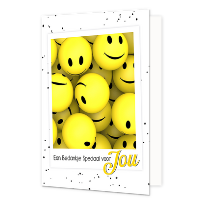 Een bedankje speciaal voor jou - Formaat: Normaal - Vorm: Staand - Bedankkaart - Op deze wenskaart staan smiley's met daaronder de tekst: "Een bedankje speciaal voor jou". - Snelwenskaart