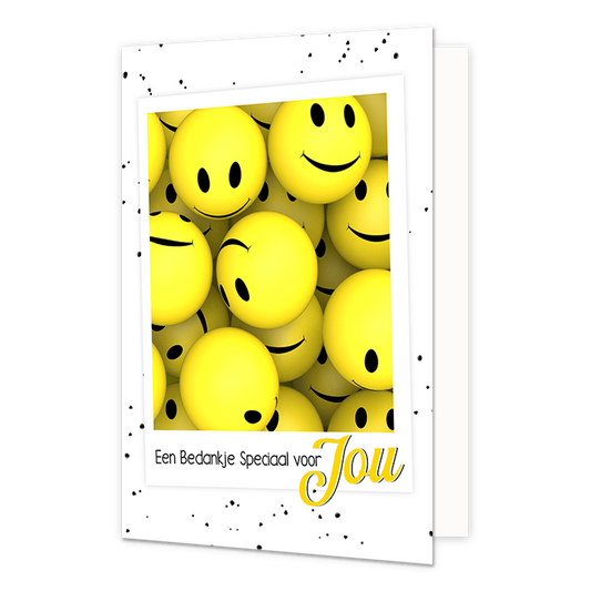 Een bedankje speciaal voor jou - Formaat: Normaal - Vorm: Staand - Bedankkaart - Op deze wenskaart staan smiley's met daaronder de tekst: "Een bedankje speciaal voor jou". - Snelwenskaart
