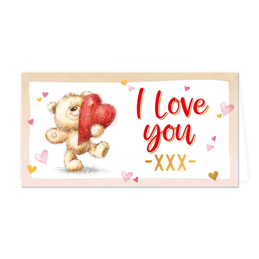 I love you - Formaat: Groot - Vorm: Liggend - Valentijnskaart - Op deze wenskaart staat een knuffelbeer die een rode hartje vasthoudt met daarnaast de tekst: "I love you xxx". - Snelwenskaart