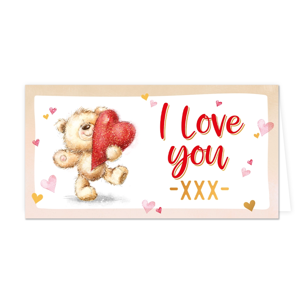 Op deze wenskaart staat een knuffelbeer die een rode hartje vasthoudt met daarnaast de tekst: "I love you xxx".