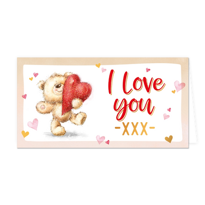 Op deze wenskaart staat een knuffelbeer die een rode hartje vasthoudt met daarnaast de tekst: "I love you xxx".