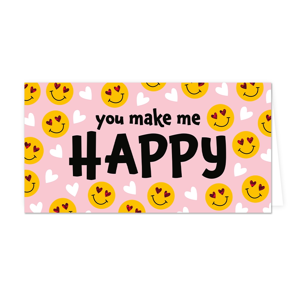 You make me happy - Formaat: Groot - Vorm: Liggend - Valentijnskaart - Op deze wenskaart staan smileys met hartjesogen en in het midden de tekst: "You make me happy". - Snelwenskaart