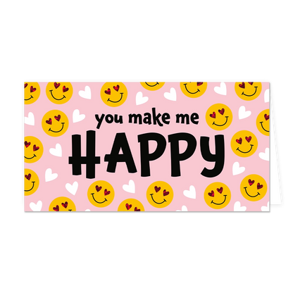 You make me happy - Formaat: Groot - Vorm: Liggend - Valentijnskaart - Op deze wenskaart staan smileys met hartjesogen en in het midden de tekst: "You make me happy". - Snelwenskaart