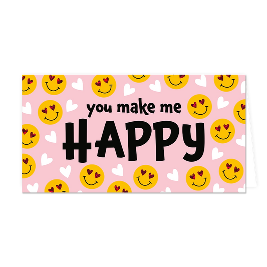 You make me happy - Formaat: Groot - Vorm: Liggend - Valentijnskaart - Op deze wenskaart staan smileys met hartjesogen en in het midden de tekst: "You make me happy". - Snelwenskaart