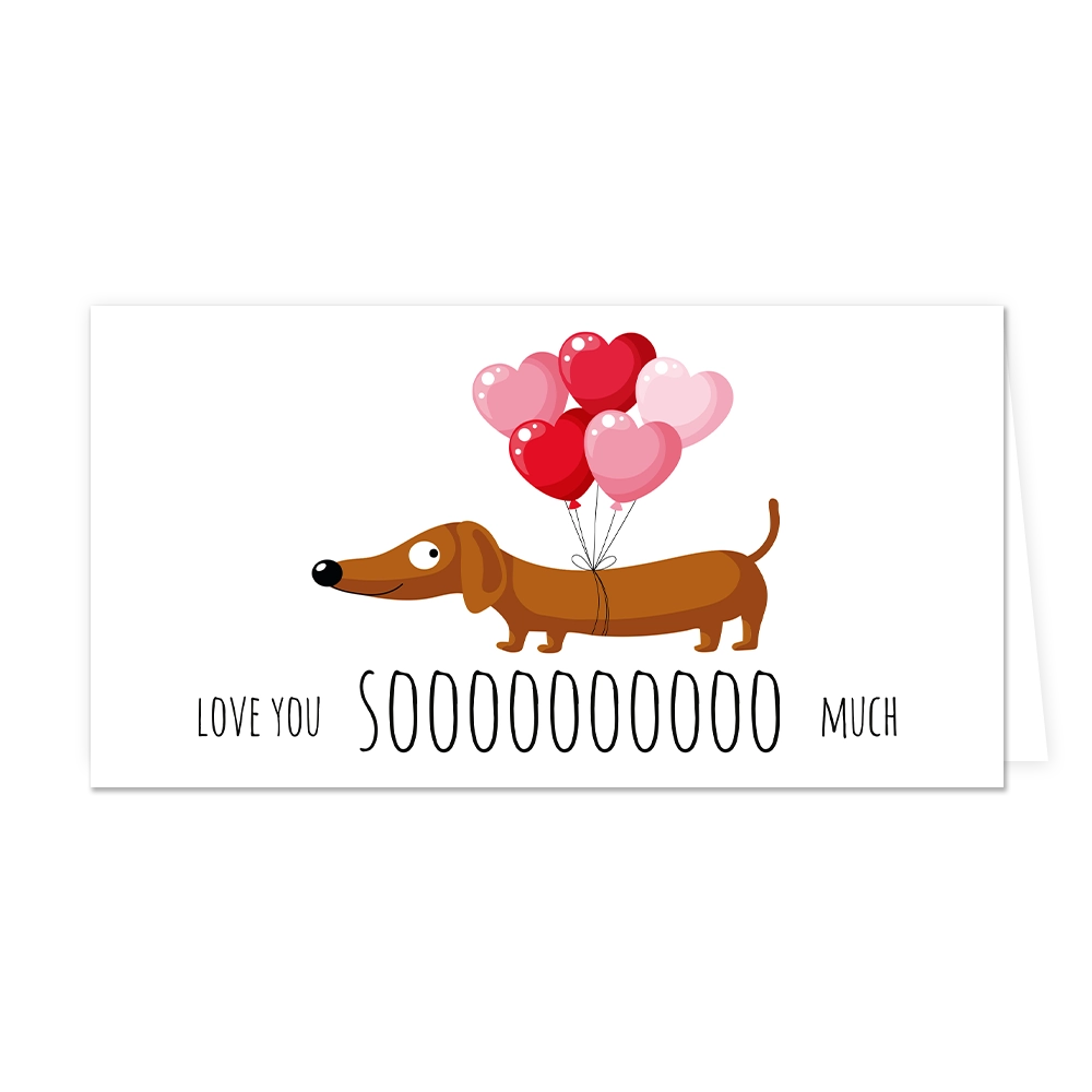 Love you so much - Formaat: Groot - Vorm: Liggend - Valentijnskaart - Op deze wenskaart staat een teckel met hartjesballonnen en daaronder de tekst: "Love you soooo much". - Snelwenskaart