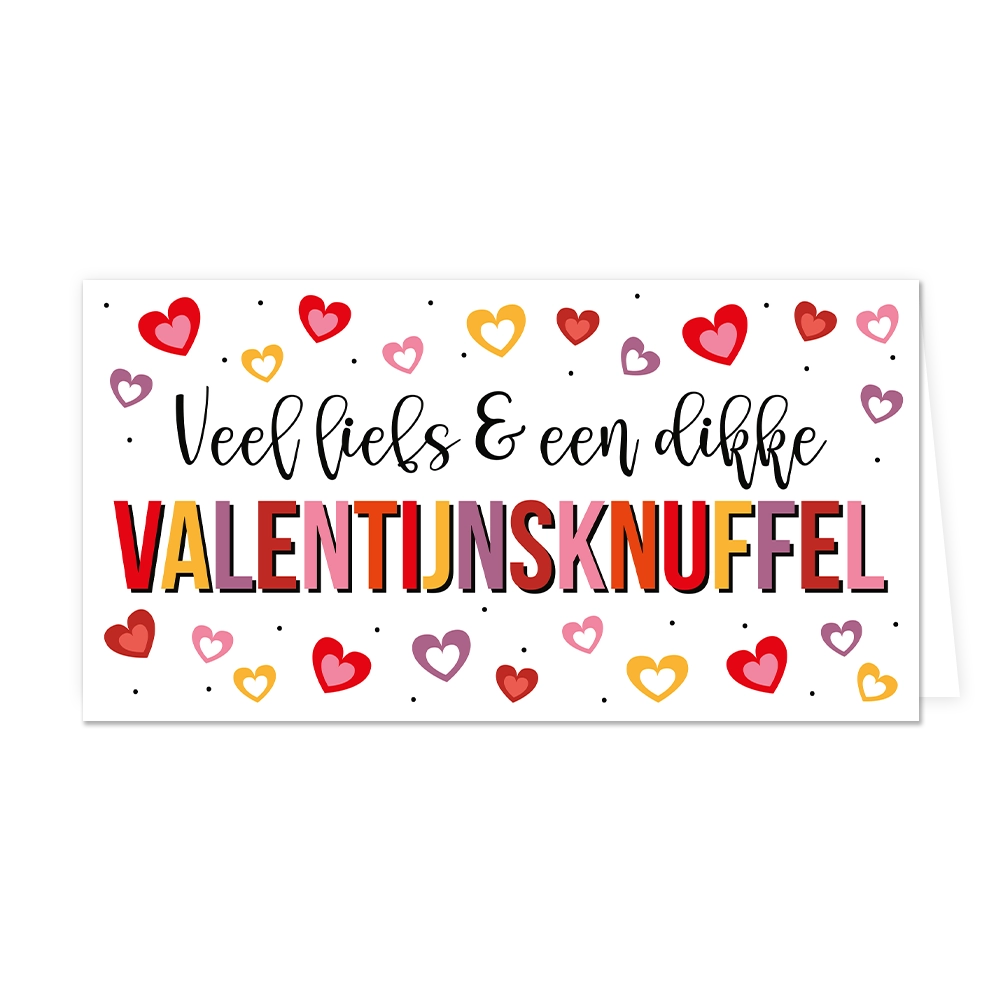 Veel liefs & een dikke Valentijnsknuffel - Formaat: Groot - Vorm: Liggend - Valentijnskaart - Op deze wenskaart staan hartjes in de kleuren rood, roze, geel en paars met in het midden de tekst: "Veel liefs & een dikke Valentijnsknuffel". - Snelwenskaart