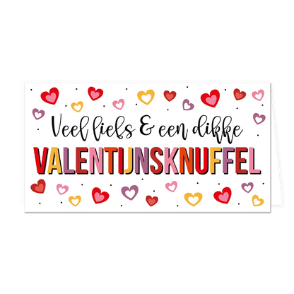 Veel liefs & een dikke Valentijnsknuffel - Formaat: Groot - Vorm: Liggend - Valentijnskaart - Op deze wenskaart staan hartjes in de kleuren rood, roze, geel en paars met in het midden de tekst: "Veel liefs & een dikke Valentijnsknuffel". - Snelwenskaart