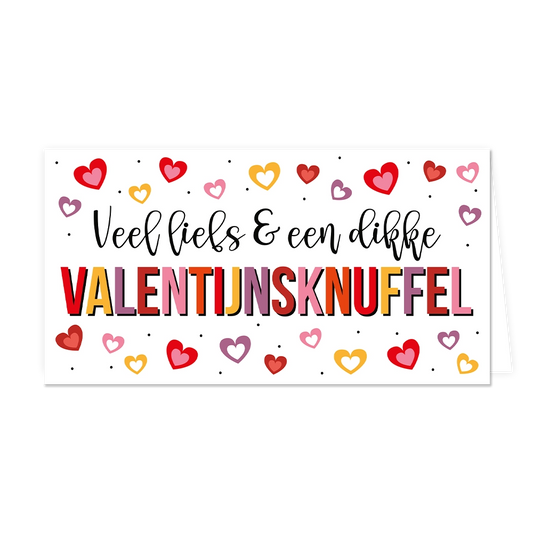 Veel liefs & een dikke Valentijnsknuffel - Formaat: Groot - Vorm: Liggend - Valentijnskaart - Op deze wenskaart staan hartjes in de kleuren rood, roze, geel en paars met in het midden de tekst: "Veel liefs & een dikke Valentijnsknuffel". - Snelwenskaart
