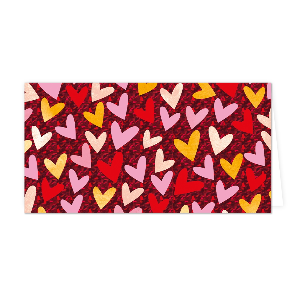 Hartjes - Formaat: Groot - Vorm: Liggend - Valentijnskaart - Op deze wenskaart staan hartjes in de kleuren rood, roze, geel en beige. - Snelwenskaart