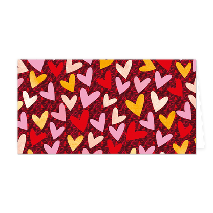 Hartjes - Formaat: Groot - Vorm: Liggend - Valentijnskaart - Op deze wenskaart staan hartjes in de kleuren rood, roze, geel en beige. - Snelwenskaart