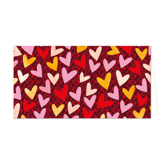 Hartjes - Formaat: Groot - Vorm: Liggend - Valentijnskaart - Op deze wenskaart staan hartjes in de kleuren rood, roze, geel en beige. - Snelwenskaart