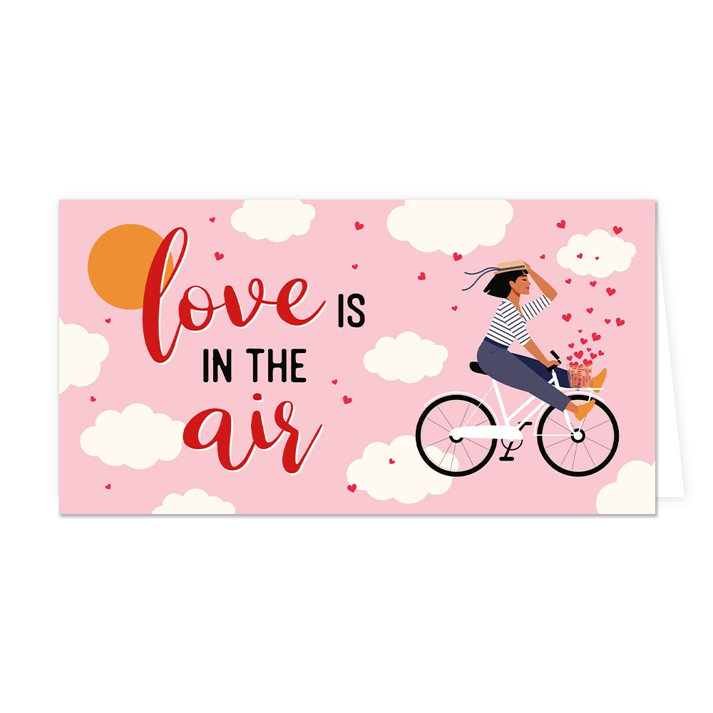 Love is in the air - Formaat: Groot - Vorm: Liggend - Valentijnskaart - Op deze wenskaart staat een vrouw op een fiets, omringt door wolken met daarnaast de tekst: "Love is in the air". - Snelwenskaart
