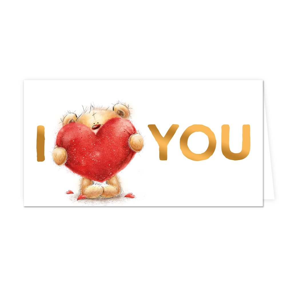 I love you - Formaat: Groot - Vorm: Liggend - Valentijnskaart - Op deze wenskaart staat een beertje dat een hartje vasthoudt met daarnaast de teksten: "I", beertje met hart, "you". - Snelwenskaart