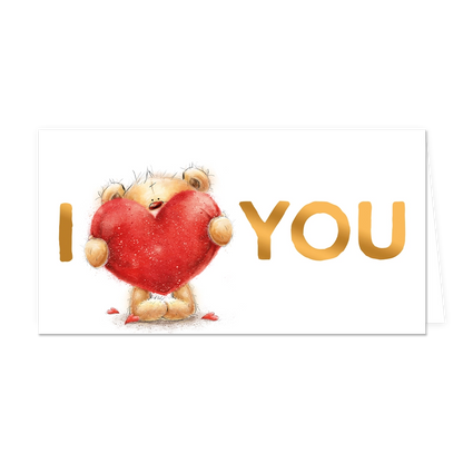I love you - Formaat: Groot - Vorm: Liggend - Valentijnskaart - Op deze wenskaart staat een beertje dat een hartje vasthoudt met daarnaast de teksten: "I", beertje met hart, "you". - Snelwenskaart