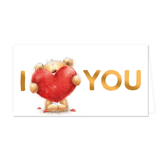 I love you - Formaat: Groot - Vorm: Liggend - Valentijnskaart - Op deze wenskaart staat een beertje dat een hartje vasthoudt met daarnaast de teksten: "I", beertje met hart, "you". - Snelwenskaart