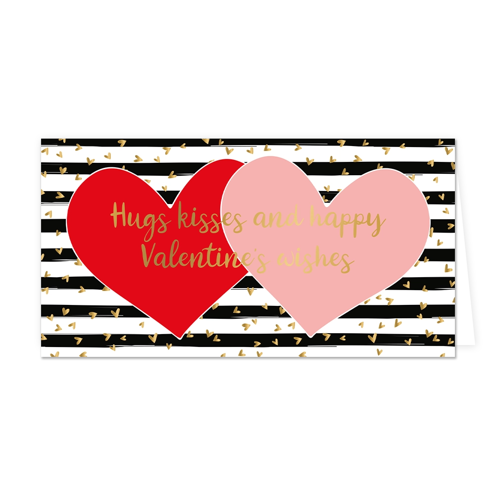 Hugs kisses and happy Valentine's wishes - Formaat: Groot - Vorm: Liggend - Valentijnskaart - Op deze wenskaart staan twee hartjes, een rode en een roze met in het midden de tekst: "Hugs kisses and happy Valentine's wishes". - Snelwenskaart