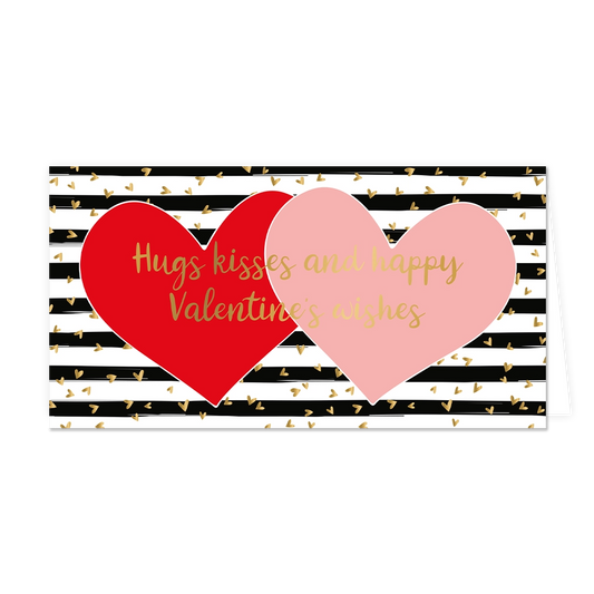 Hugs kisses and happy Valentine's wishes - Formaat: Groot - Vorm: Liggend - Valentijnskaart - Op deze wenskaart staan twee hartjes, een rode en een roze met in het midden de tekst: "Hugs kisses and happy Valentine's wishes". - Snelwenskaart