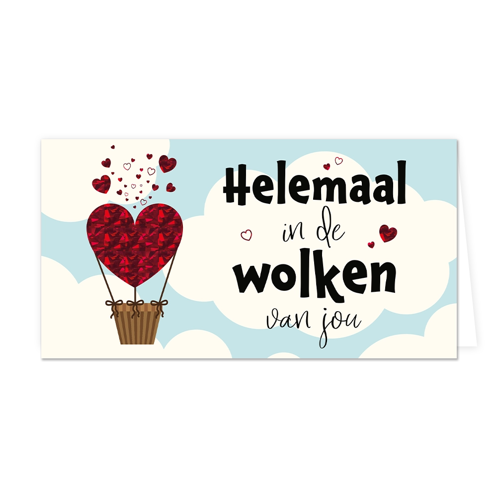 Helemaal in de wolken van jou - Formaat: Groot - Vorm: Liggend - Valentijnskaart - Op deze wenskaart staat een rode hartjesballon die door de wolken zweeft met daarnaast de tekst: "Helemaal in de wolken van jou". - Snelwenskaart