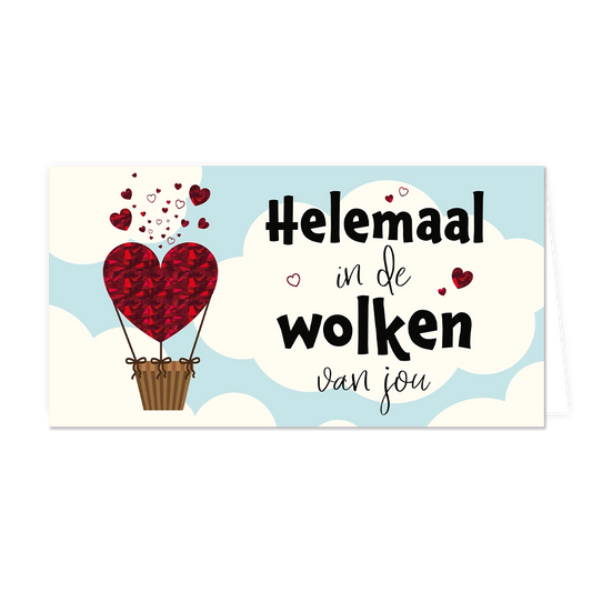Helemaal in de wolken van jou - Formaat: Groot - Vorm: Liggend - Valentijnskaart - Op deze wenskaart staat een rode hartjesballon die door de wolken zweeft met daarnaast de tekst: "Helemaal in de wolken van jou". - Snelwenskaart