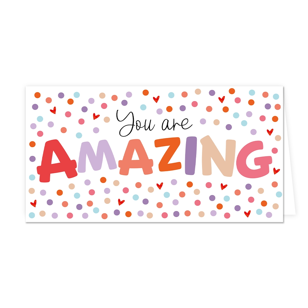 You are amazing - Formaat: Groot - Vorm: Liggend - Valentijnskaart - Op deze wenskaart staan stippen in de kleuren paars, beige, rood, roze, mintgroen en oranje met in het midden de tekst: "You are amazing". - Snelwenskaart