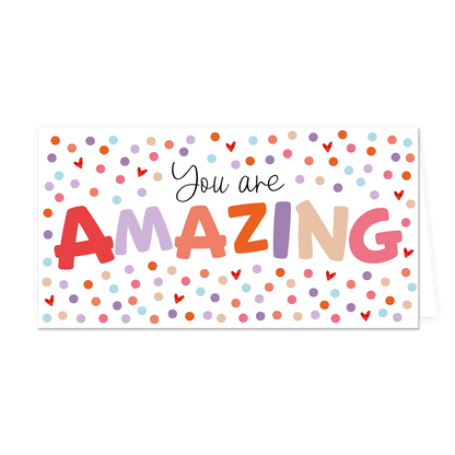 You are amazing - Formaat: Groot - Vorm: Liggend - Valentijnskaart - Op deze wenskaart staan stippen in de kleuren paars, beige, rood, roze, mintgroen en oranje met in het midden de tekst: "You are amazing". - Snelwenskaart