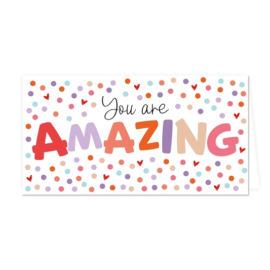 You are amazing - Formaat: Groot - Vorm: Liggend - Valentijnskaart - Op deze wenskaart staan stippen in de kleuren paars, beige, rood, roze, mintgroen en oranje met in het midden de tekst: "You are amazing". - Snelwenskaart