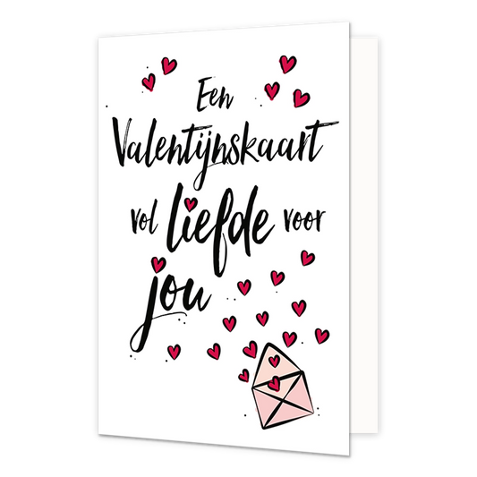 Een Valentijnskaart vol liefde voor jou - Formaat: Normaal - Vorm: Staand - Valentijnskaart - Op deze wenskaart staan rode hartjes die uit een roze envelop komen en de tekst: "Een Valentijnskaart vol liefde voor jou". - Snelwenskaart
