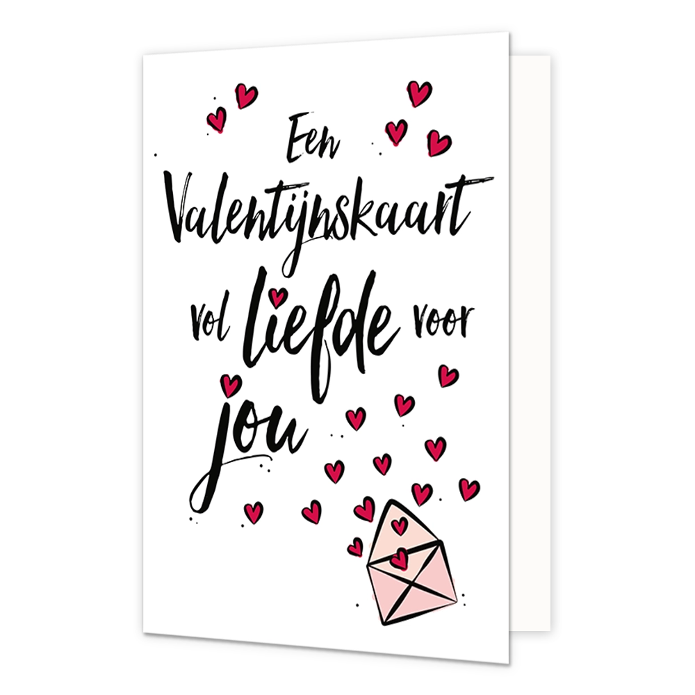 Op deze wenskaart staan rode hartjes die uit een roze envelop komen en de tekst: "Een Valentijnskaart vol liefde voor jou".