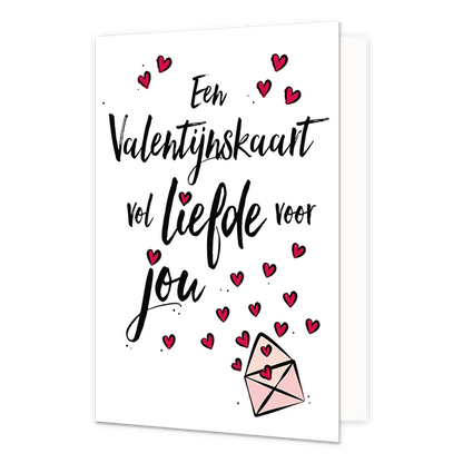 Op deze wenskaart staan rode hartjes die uit een roze envelop komen en de tekst: "Een Valentijnskaart vol liefde voor jou".
