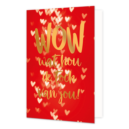 Wow wat hou ik toch van jou! - Formaat: Normaal - Vorm: Staand - Valentijnskaart - Op deze wenskaart staan wite en beige hartjes op een rode achtergrond met de gouden tekst: "Wow wat hou ik toch van jou!". - Snelwenskaart